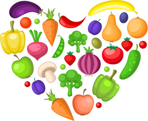 Heart shape made of various fruits and vegetables