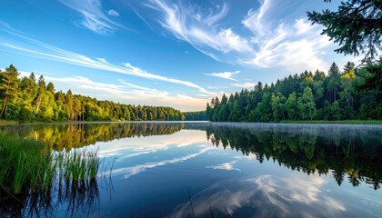 Scenic Lake Landscape Reflecting Sky and Trees in Calm Waters During Golden Hour with Mist Hanging Over The Surface