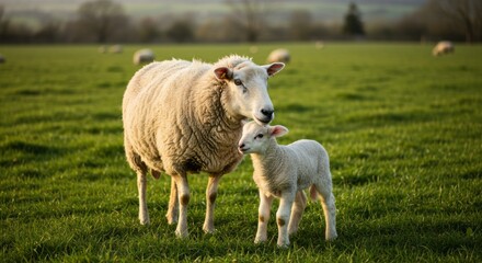 Fototapeta premium Domestic sheep standing on pasture, symbol of livestock, farming, and rural life, often associated with wool, agriculture, and countryside nature.