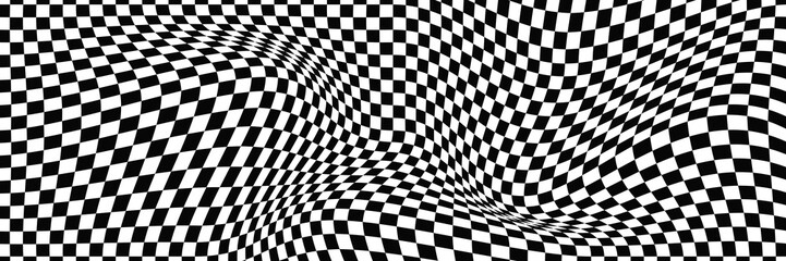 Psychedelic dynamic banner background. Retro 70s trippy hippie wavy aesthetic chess backdrop in black and white racing flag colors