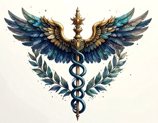Artistic watercolor caduceus symbol with wings, leaves and a white background