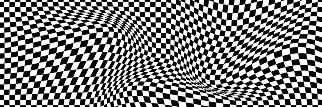 Psychedelic dynamic banner background. Retro 70s trippy hippie wavy aesthetic chess backdrop in black and white racing flag colors