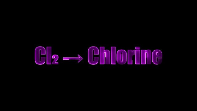 Pinkish Purple Metallic Text Cl2 to Chlorine Chemical Formula on Black Background chemistry science