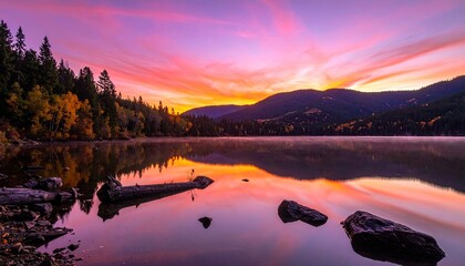 Scenic Lake Reflecting Pink Orange Sunset Sky with Trees and Mountain Silhouette at Dusk Atmospheric Tranquil Scene Landscape Panorama