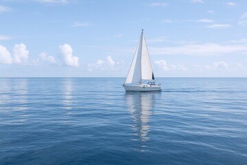 Obraz premium White Sailboat Gliding on Calm Blue Ocean: A Serene Marine Scene with Clear Skies