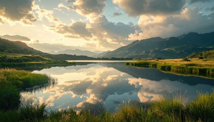 Scenic Lake Reflection at Sunset with Golden Light and Rolling Hills in the Background a Serene Landscape Tranquil Water and Green Grassy Shoreline