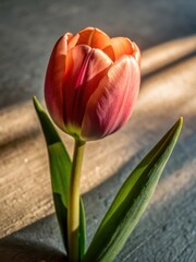 Fototapeta premium A single isolated pink tulip in a shallow depth of field against a simple white background