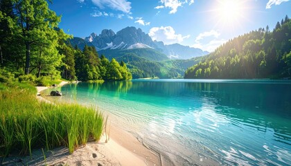Scenic Landscape of a Clear Turquoise Lake Surrounded by Green Trees and Distant Mountains under a Bright Sunny Sky