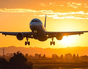 Airplane ascending at sunset, a silhouette against the golden sky with mountains below