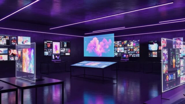 futuristic gallery awash in neon purple features diverse digital art Wall-mounted grids vibrant transparent displays large central cloud screen and an interactive tabletop create an immersive exhibit