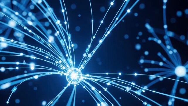 luminous network of glowing blue lines radiates from bright central orb interconnected with spheres and data packets depicting high-speed digital data flow and global connectivity on dark background