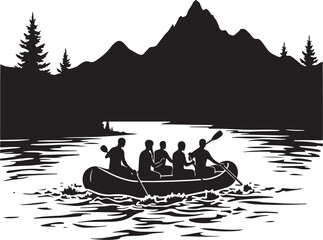Five people in a raft paddling on water with mountains and trees