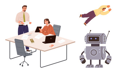 Professionals working at a desk with documents, laptop, and devices. Futuristic robot and floating superhero highlighting innovation, teamwork, creativity, technology, leadership, problem-solving
