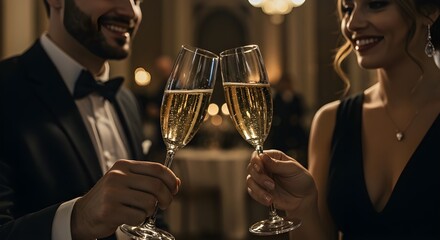 Couple clinking glasses in elegant party, celebrating together with smiles and luxury ambiance