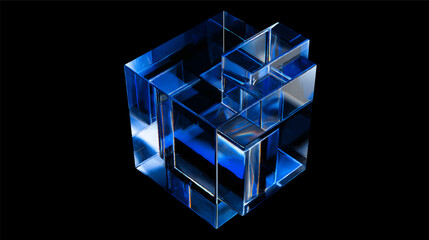A complex geometric structure made of transparent blue glass cubes, arranged in an intricate pattern against a black background