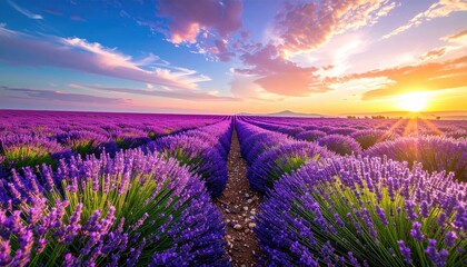 Scenic Lavender Field Under a Vibrant Sunset with Blue Sky and Clouds in Countryside Landscape