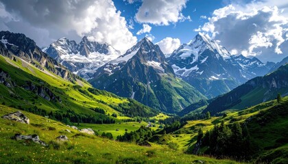 Scenic Alpine Mountain Range With Lush Green Valley and Patchy Snow Under a Partly Cloudy Sky in Daylight