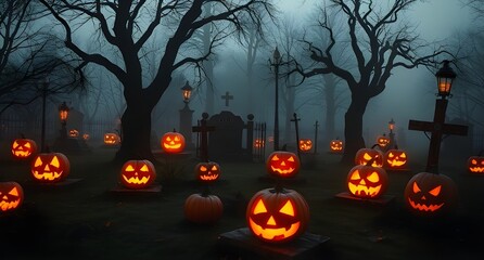 Dark forest and gravestone path decorated with jack-o’-lanterns, eerie glowing lights