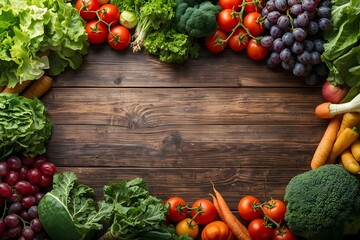 A wooden sign background surrounded by a border of fresh fruit and vegetables food produce.