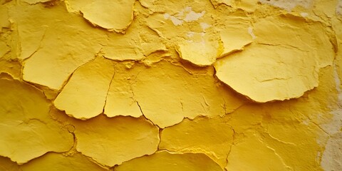 Naklejka premium Abstract Yellow Cracked Texture Background, Grunge Wall, Dried Paint, Damaged Surface, Vivid Golden Hues, Closeup Detail, Rough Texture, Uneven Surface, Textured Background, Crackle Effect