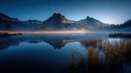 Obraz premium Majestic Mountain Peaks Reflecting in Calm Lake at Twilight, Serene Nature Landscape Photography
