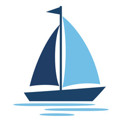 Sailboat logo featuring blue and navy sails, resting on light blue water waves in a minimalist flat design