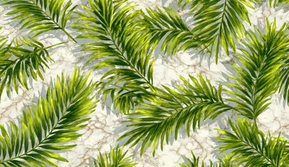 Fototapeta premium Vibrant green palm fronds artfully arranged against a backdrop of light beige marble, creating a tropical design.