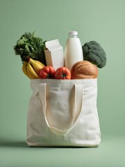 Tote Bag Filled with Fresh Groceries: Healthy Eating, Sustainable Shopping on Green Background