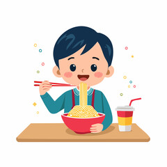 flat design of a child eating noodles