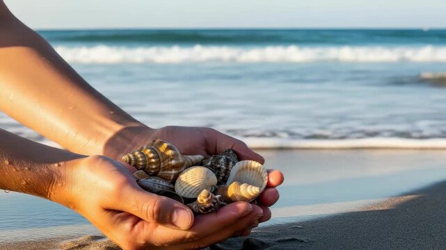 Wet hands gently cup collection of diverse seashells reflecting golden sunlight with serene ocean and soft waves receding on the sandy beach under clear sky