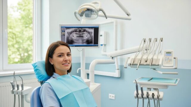 smiling woman in dental chair wearing protective bib A monitor displays full mouth X-ray Modern dental equipment with instruments is visible in clean brightly lit room with window