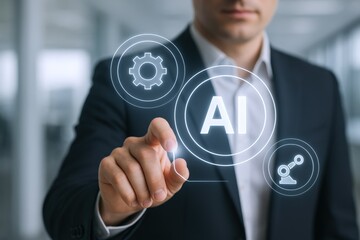 Artificial Intelligence Implementation: Businessman Taps AI Interface Representing Machine Learning and Technology Advancement, Highlighting Innovation