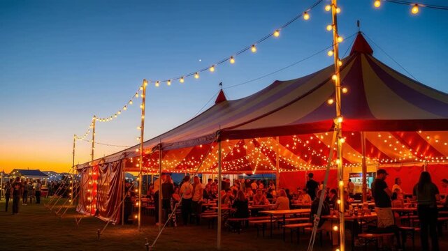 outdoor evening event features large striped tent illuminated by warm string lights Guests socialize at wooden tables and benches inside beneath sunset sky fading to blue