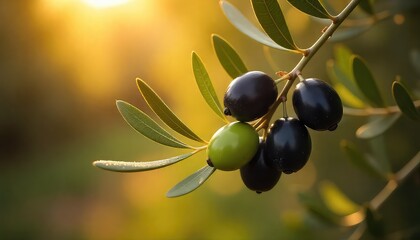 A close up of a branch of olives with green leaves and a blurred background with a golden light