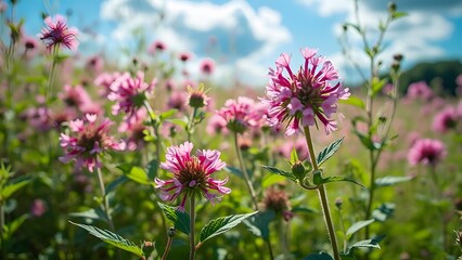 Fototapeta premium Vibrant Pink Flowers Blooming in Summer Meadow
