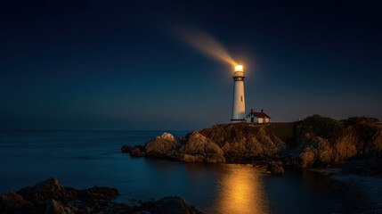 Fototapeta premium Majestic lighthouse beam pierces the dark night sky over a rocky coast