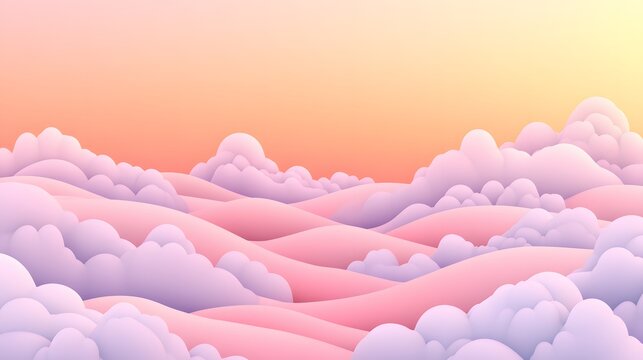 Pastel dreamscape cartoon illustration fluffy clouds and rolling hills, surreal horizon