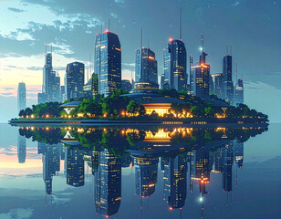 Naklejka premium A futuristic eco-city floating on calm reflective water, glowing buildings mirrored perfectly, utopian vector art 