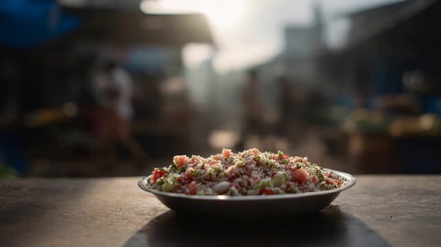 Fresh Tabbouleh Salad Bowl in a Vibrant Outdoor Market Setting.