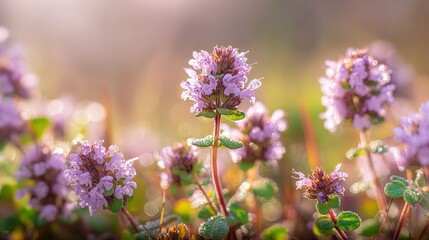 Naklejka premium Blooming Thyme Flowers in a Field: Aromatic Herb, Natural Beauty, and Floral Essence