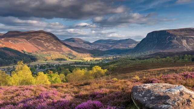 Majestic Scottish Highlands valley bathed in golden light with heather blooming.