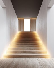Fototapeta premium A modern interior shot of ascending stairs bathed in soft, warm light leading to a doorway