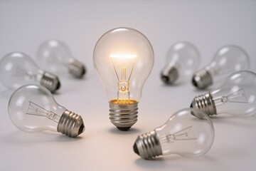 Illuminated Lightbulb Surrounded by Unlit Bulbs Symbolizing Innovation, Ideas, and Leadership on a White Background