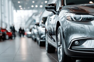 Fototapeta premium Modern Cars Displayed in Showroom: Automotive Industry, Vehicle Sales and Dealership Environment with Contemporary Design
