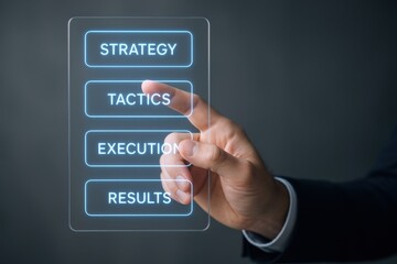 Business Strategy Implementation: Finger Touching Tactics Button on Digital Screen for Execution and Achieving Results