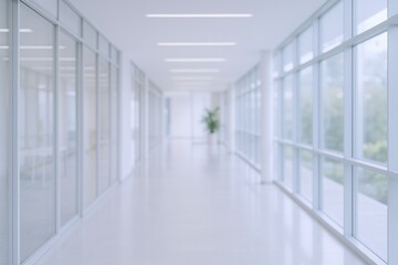 Bright Modern Hallway with Glass Walls: Clean, Contemporary Interior Design and Architecture, Perfect for Healthcare or Corporate Spaces