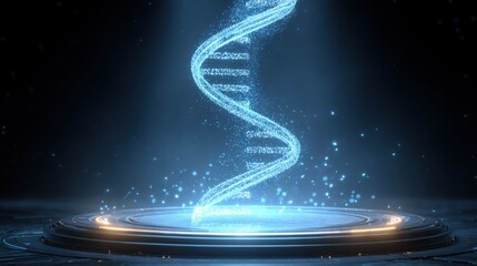 Abstract luminous DNA double helix on a circular platform, symbolizing science, genetics and biotechnology.