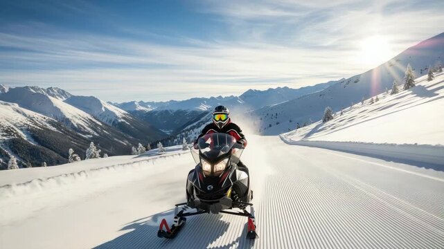 person in winter gear rides sleek snowmobile on perfectly groomed snowy trail winding through vast sunlit mountain range under clear blue sky adventure