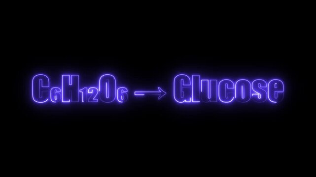 Chemical formula C6 H12 O6 representing Glucose with blue neon glow on black background C6H12O6 chemistry