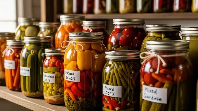 Many glass jars overflowing with colorful pickled vegetables line rustic wooden shelf Varieties include crisp cucumbers sweet carrots bell peppers and green beans showcasing homemade preservation